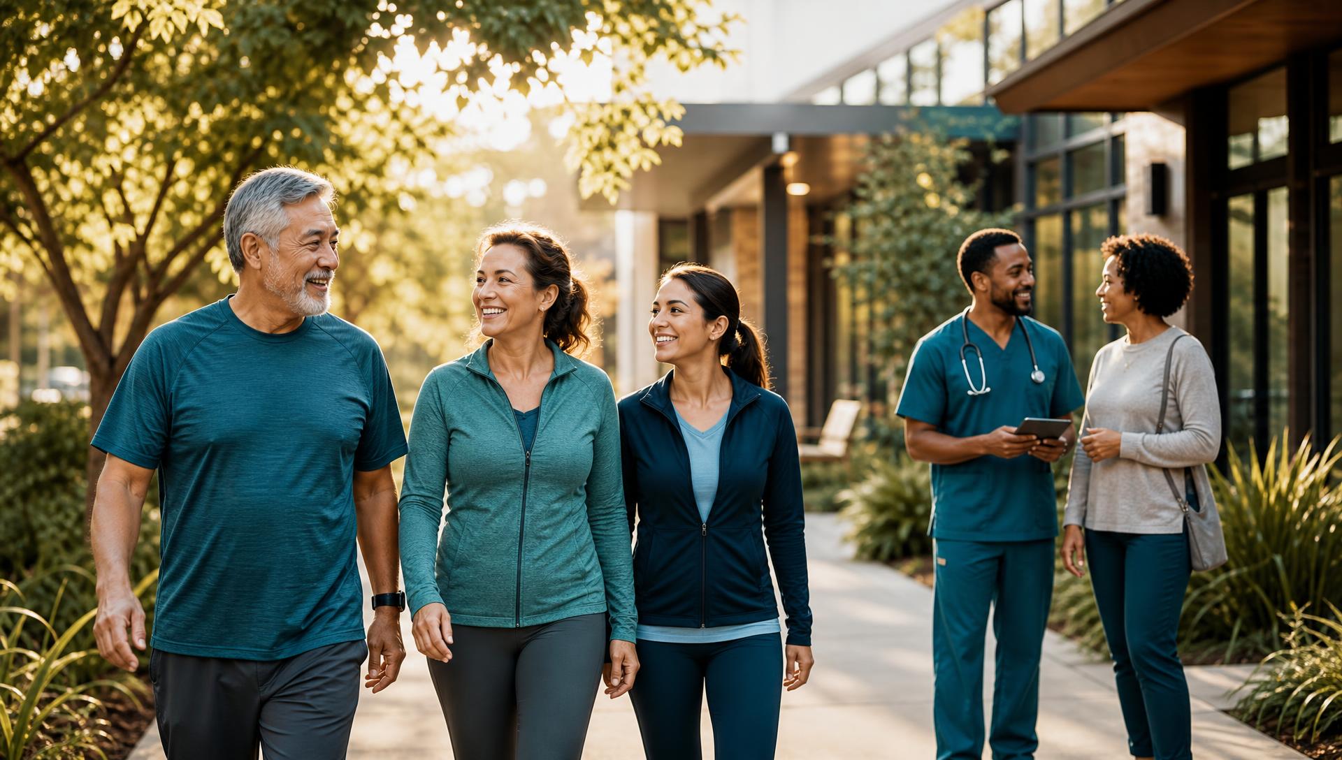 Diverse community members walking outdoors near a health center with a healthcare professional